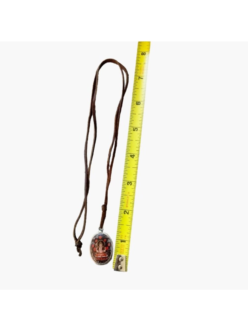 Buddhist Amulet Necklace Brown Leather Cord Silver Tone Pendant Spiritual VTG - Picture 5 of 5